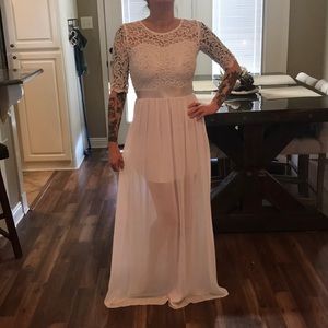 White wedding gown with three quarter sleeves